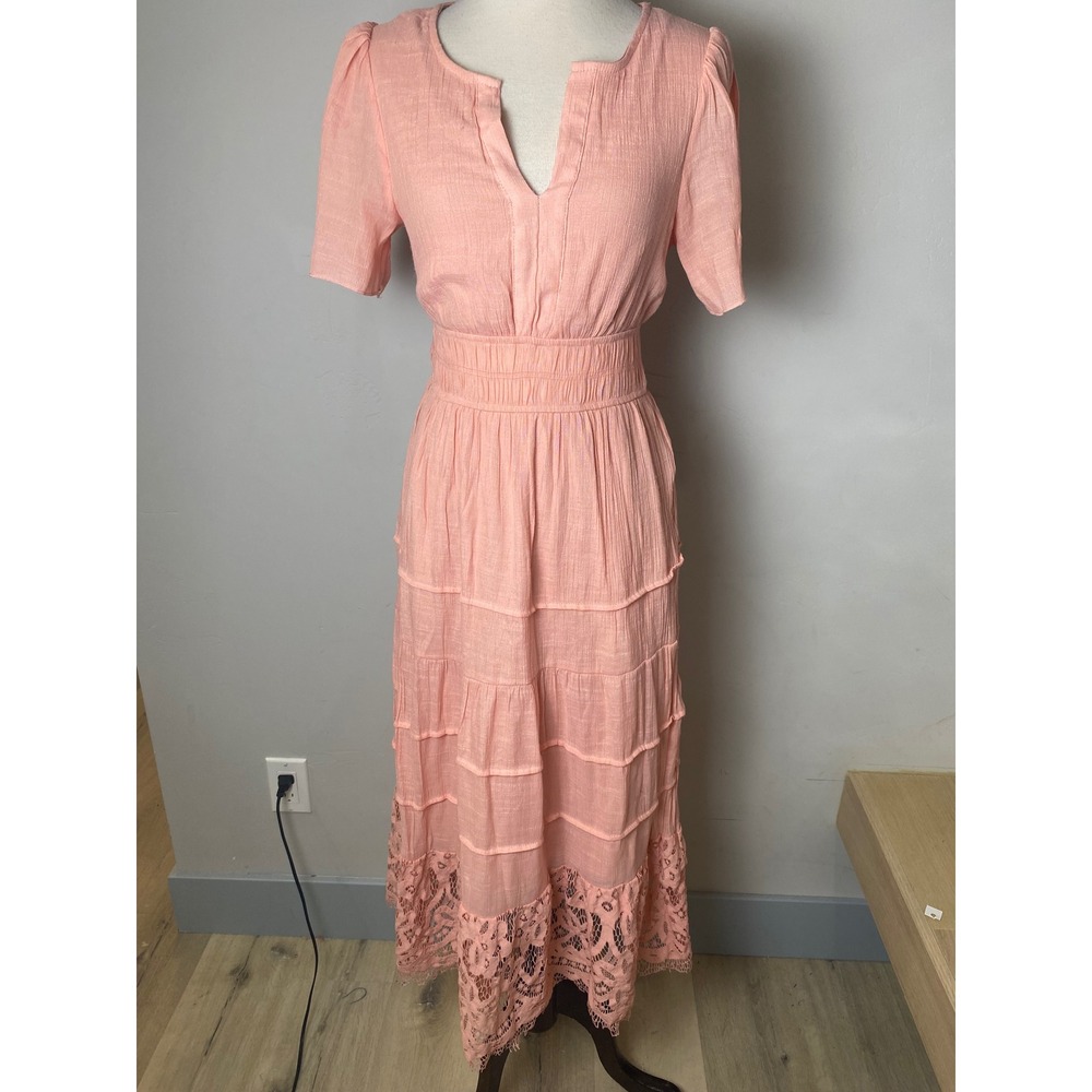 J GEE Pink Anthropologie Tiered Lace Trim Midi Dress Smocked Waist pPM